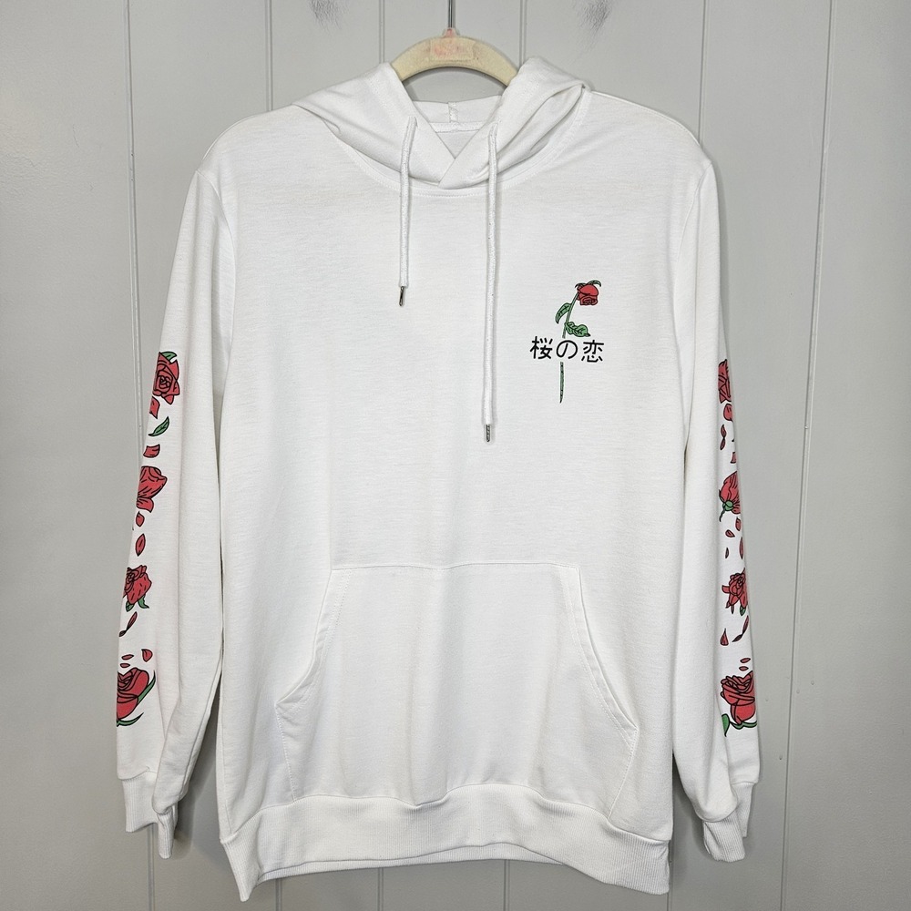 Shein White Lightweight Hoodie Roses Down Sleeves Size Medium Kangaroo Pocket